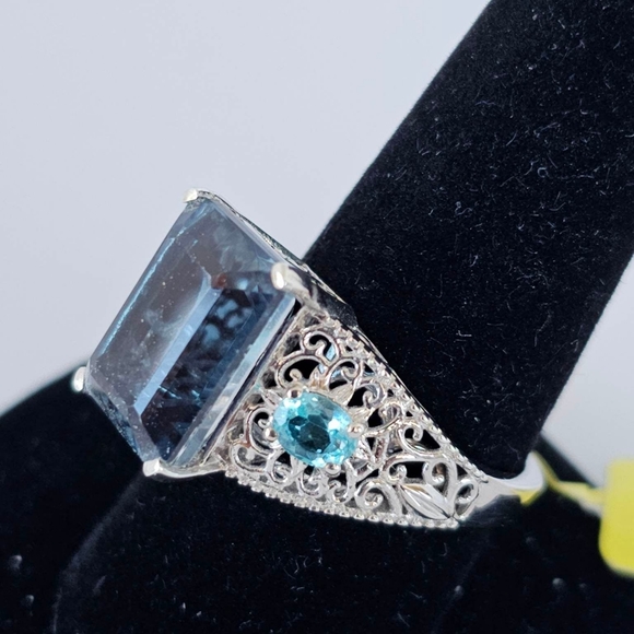 Natural London Blue Topaz Ring With Neon Apatite Accent Stones Size 9.5 - Picture 6 of 8